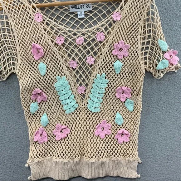 Wildfox Women’s M Crochet Floral Beige Green Embroidered Top Blouse See Through - Picture 9 of 10